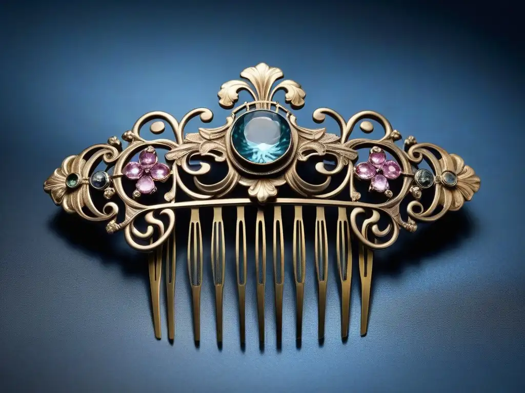 Accesorios icónicos moda retro siglo XX: Detallado peine Art Nouveau con metal y gemas sobre seda y encaje vintage