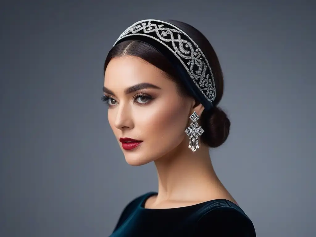 Diadema de terciopelo negro con decoraciones art decó - Elegante y lujosa Accesorios retro moda siglo XX: Diadema de terciopelo negro con decoraciones de los años 20