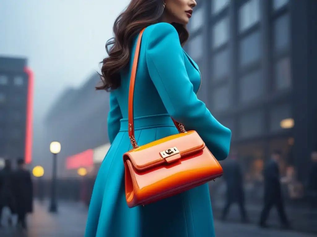 Moderna ciudad reflejada en bolso retro de los 60 Accesorios moda retro plástico años 60: Bolso de mano vibrante en contraste con la ciudad moderna