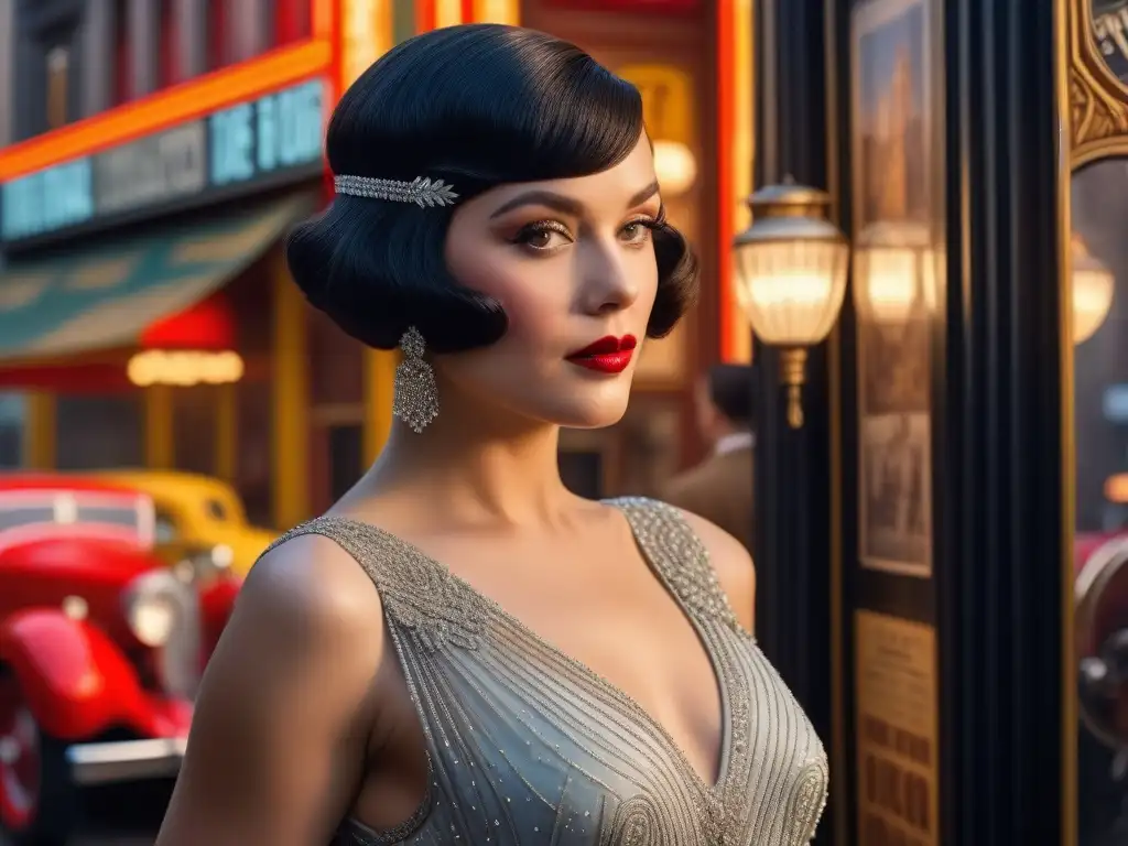 Actriz de Hollywood de los años 20 frente a un póster de película icónica Una actriz de Hollywood de los años 20 en un elegante vestido de flecos frente a un póster vintage