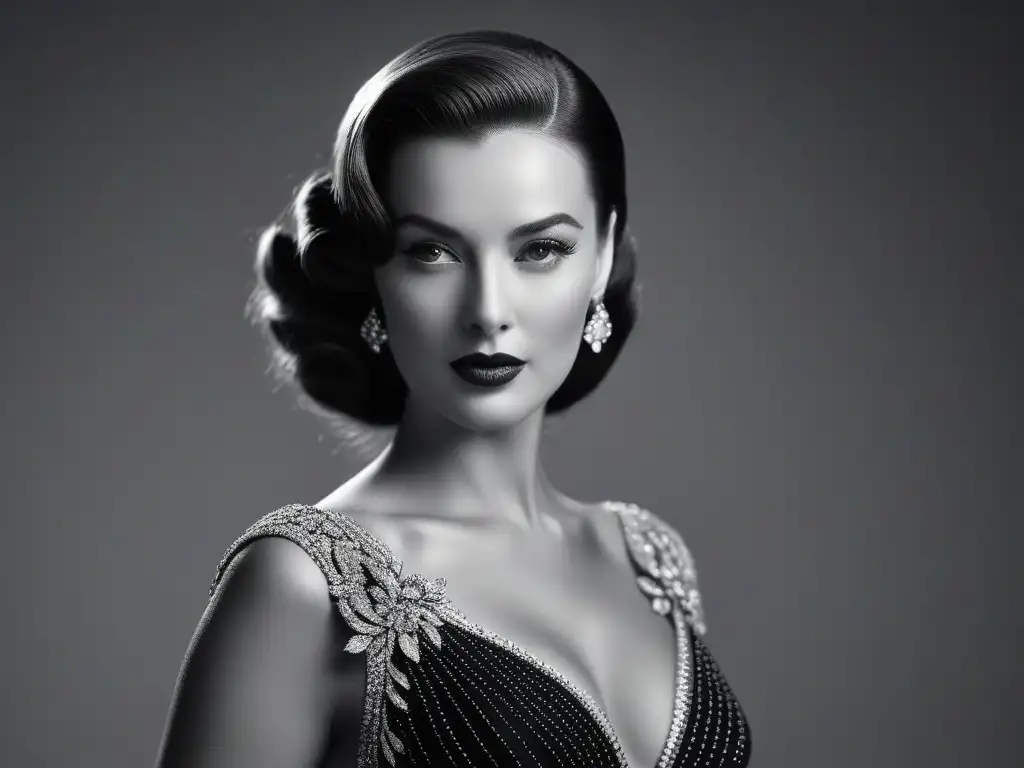 Actriz de Hollywood de los 40: Elegancia atemporal Una actriz de Hollywood de los años 40 con glamour en un elegante vestido de noche, reflejando la moda retro películas años 40