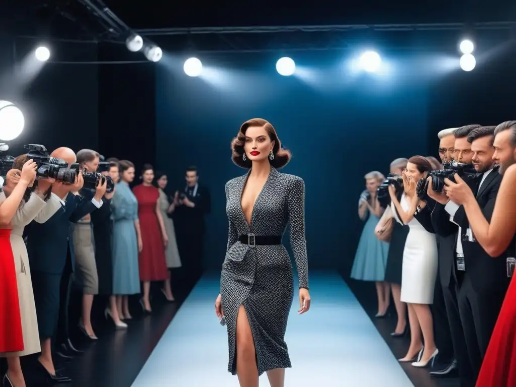Una actriz glamorosa de los años 50 desfila en un evento de alta costura, rodeada de fans y fotógrafos