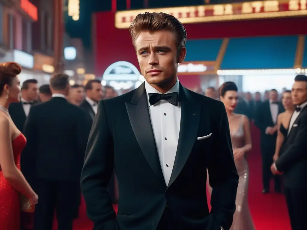 James Dean: Icono de Hollywood en la alfombra roja de los 50 En la alfombra roja, James Dean, icono de la moda retro, luce con estilo en un premio de los 50