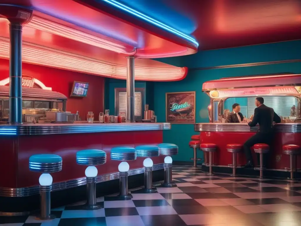 Escena vibrante y nostálgica en un diner de los años 50 Ambiente nostálgico de los años 50 en un diner con moda rock and roll, películas retro y música vibrante