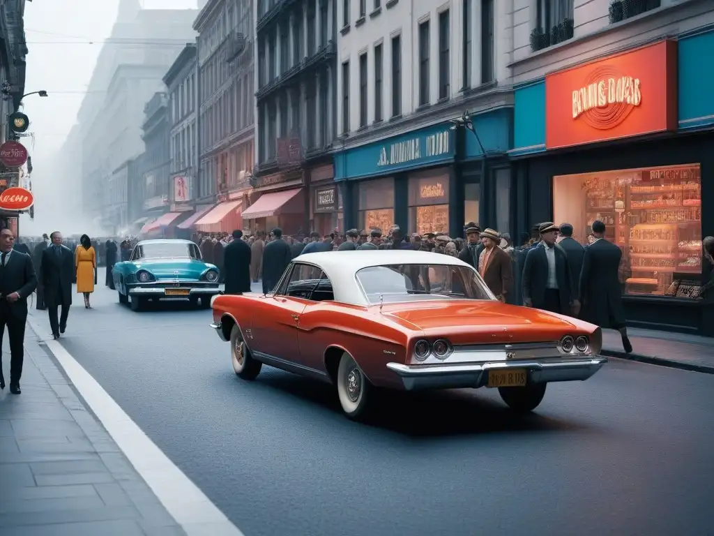 Imagen vibrante de calle retro de los 60 con moda inspirada en TV Animada calle de los años 60 con moda retro televisión años 60