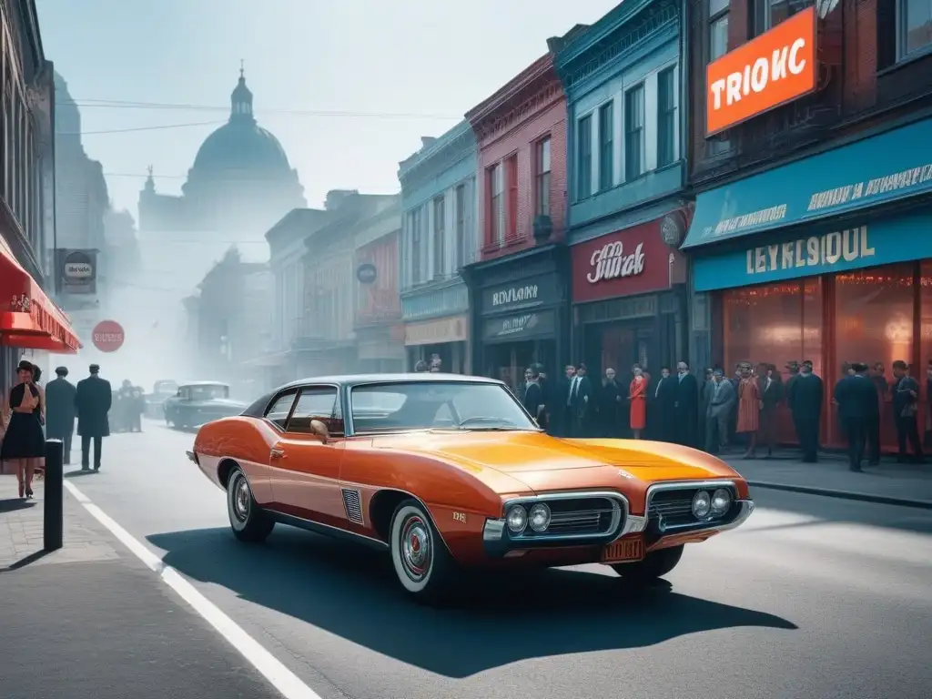 Animada calle de ciudad en los 60s o 70s, con moda icónica y neon