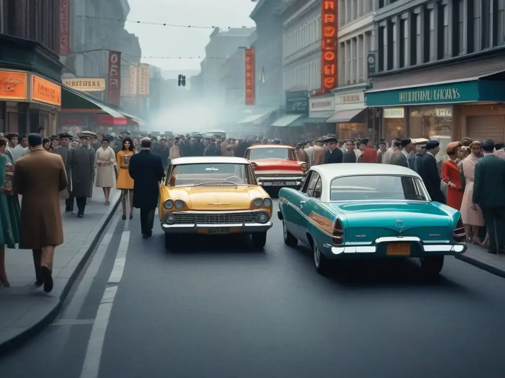 Escena callejera retro de los 60: moda, colores y diversidad Una animada calle de la ciudad en los años 60 con moda retro