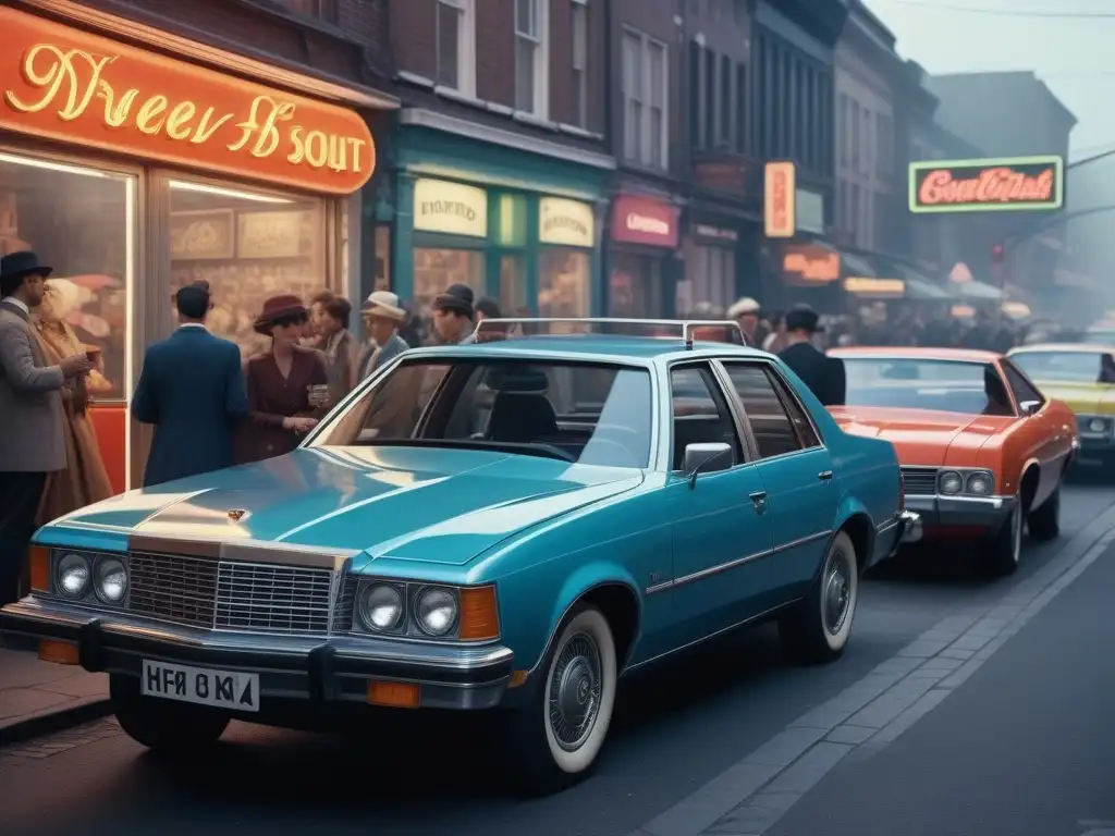 Calle de los 80: moda retro y nostalgia en una ciudad vibrante Una animada calle de ciudad de los años 80 con moda retro, accesorios y publicidad contemporánea, bañada por la cálida luz del atardecer
