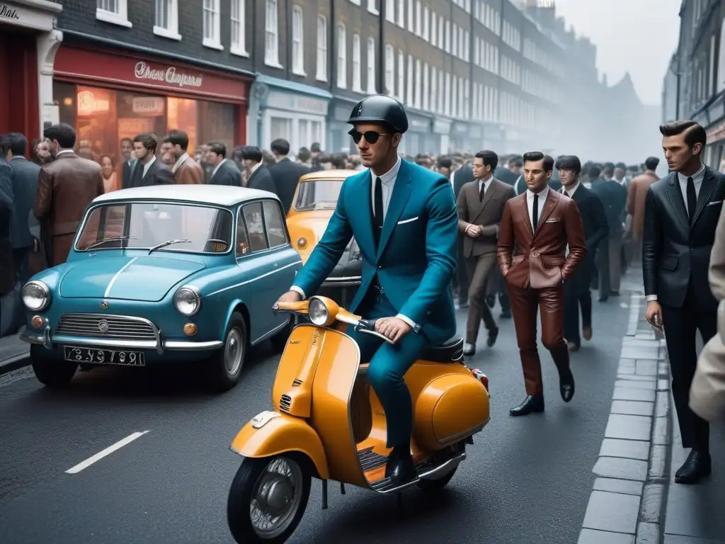 London en los 60: Mods vs Rockers en una calle llena de estilo y rebeldía Una animada calle londinense de los años 60 con estilos contraculturales Mod y Rockers