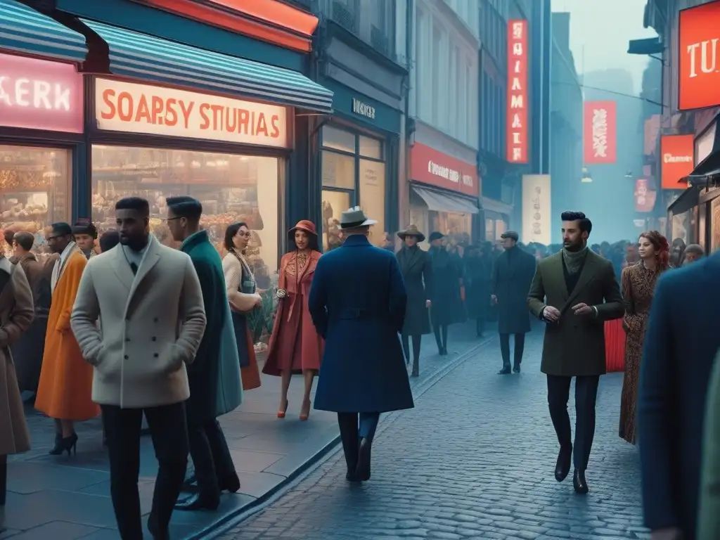 Escena urbana: moda retro y digital fusionadas en la ciudad Una animada calle urbana con moda retro, fusionando lo tradicional y lo digital en un cambio cultural