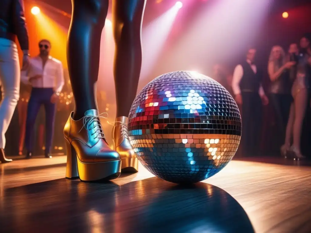 Disco ball deslumbrante ilumina la pista de baile con moda setentera Animada discoteca de los 70 con glamour y moda retro años 70 discoteca