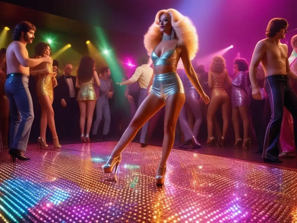 Escena disco de los 70: energía y color Una animada pista de baile disco de los años 70 con luces brillantes, bolas de espejos y gente vestida con moda retro