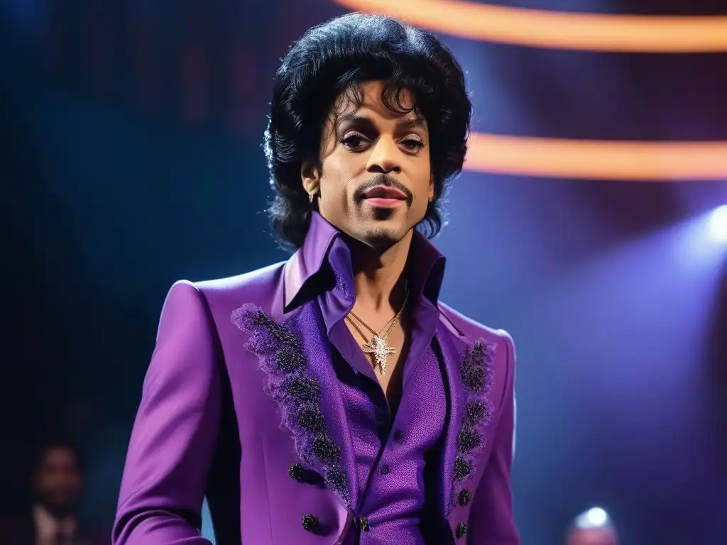 Prince en concierto: el ícono del pop en los 80 Prince en los años 80, con un traje púrpura flamante y accesorios llamativos, en un escenario vibrante