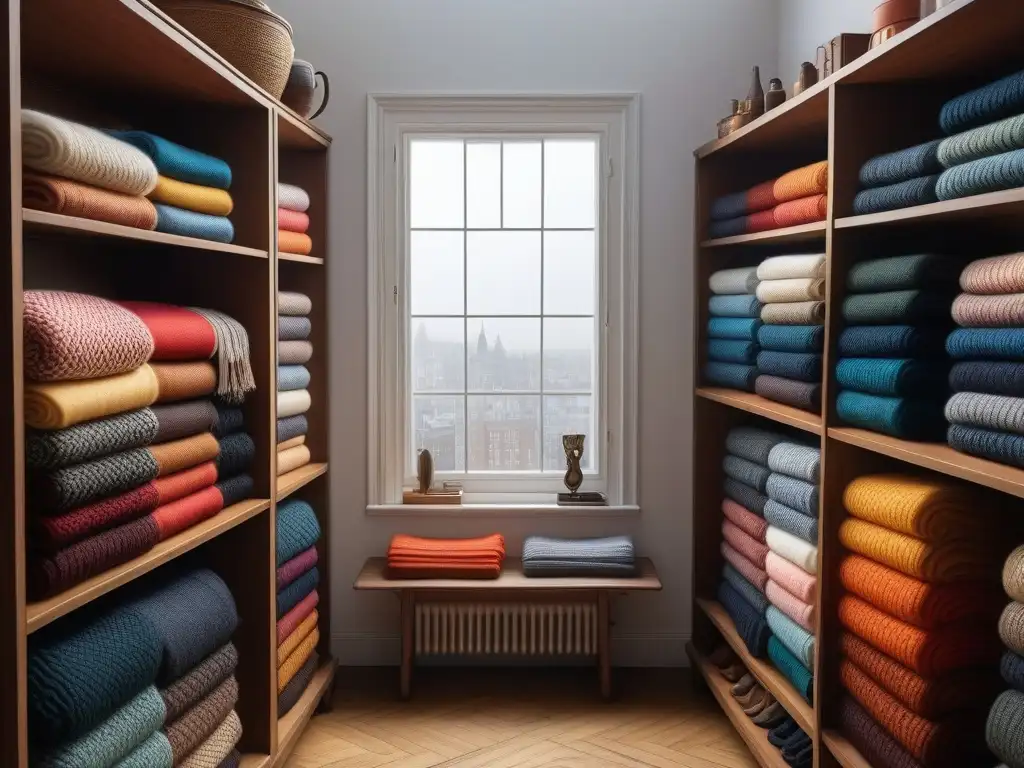 Un armario vintage de los años 50 lleno de bufandas de punto estilo retro en estantes de madera, iluminado por la luz del sol