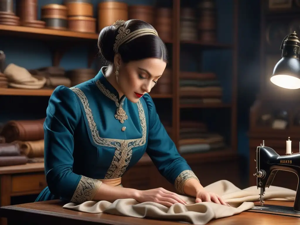 Restauración artesanal de vestido vintage retro Un artesano restaura con destreza un vestido retro, resaltando la colección moda retro conservación valor