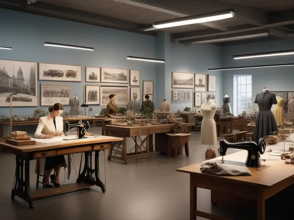 Atelier de moda en la posguerra: creatividad y evolución Un atelier de moda bullicioso en la posguerra, lleno de creatividad y determinación