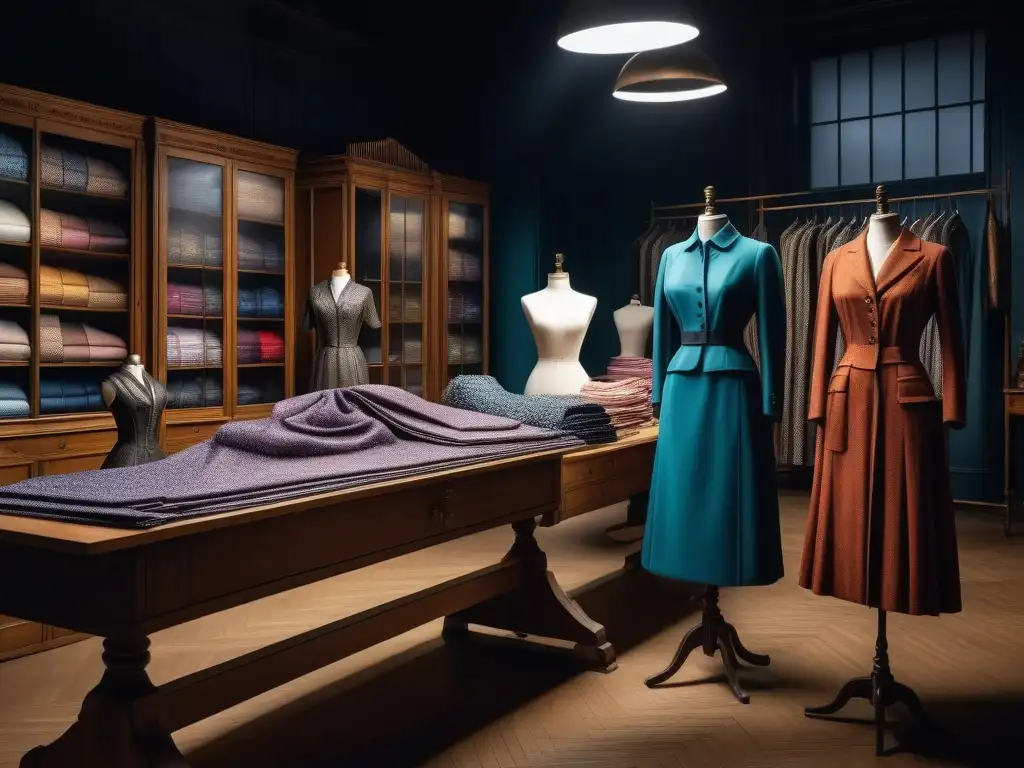 Taller de moda en 1900: Creatividad e innovación en la confección Un atelier de moda bullicioso en el siglo XX, revolucionando materiales y diseño
