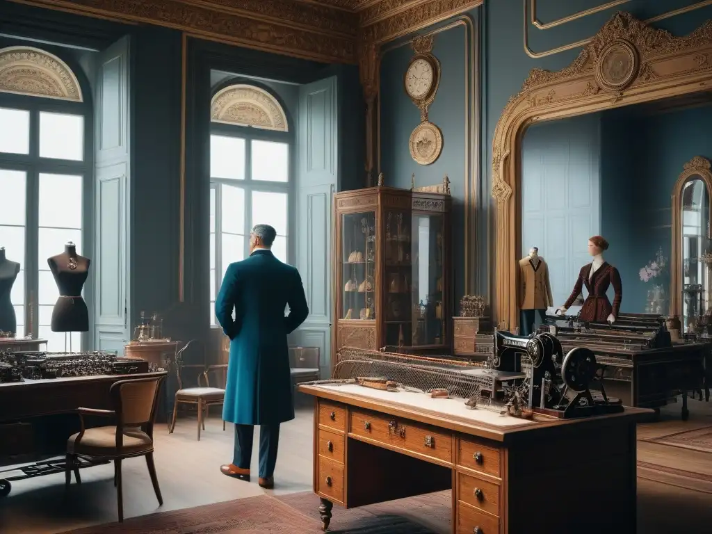 Atelier de moda retro: lujo y elegancia en 8k Un atelier de moda de lujo de los años 1910 con diseños de Mariano Fortuny, elegancia atemporal en el mundo de la moda retro