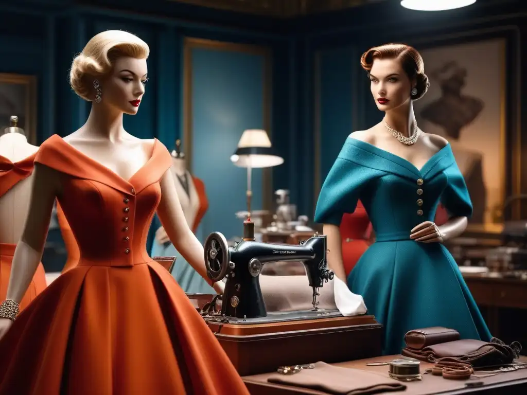 Atelier de moda de los años 50: exclusividad y sofisticación Un atelier de moda retro desde principios del siglo XX con maniquíes elegantes y artesanos confeccionando prendas exclusivas
