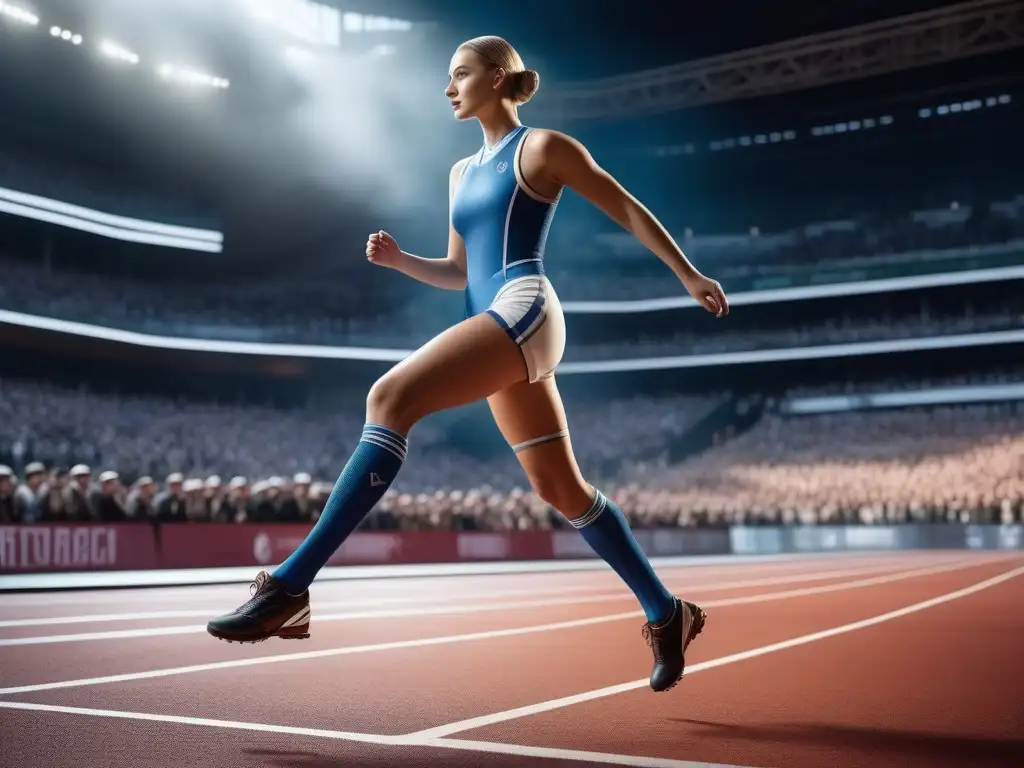 Un atleta joven de los años 30 en traje deportivo innovador de materiales futuristas en una pose dinámica rodeado de una multitud retrofuturista