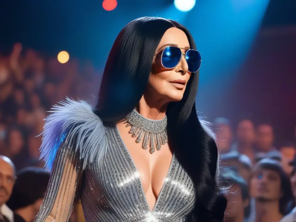 Cher deslumbra en un atuendo retro años 70 con glamour y confianza, rodeada de fans