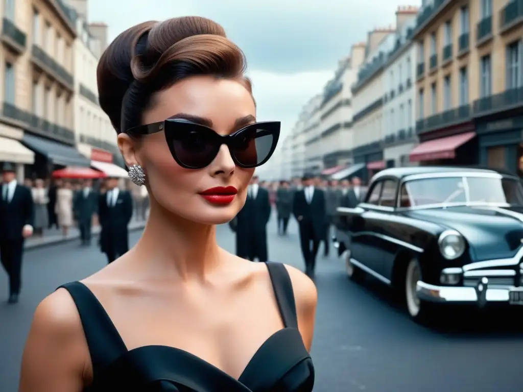 Audrey Hepburn en París: Elegancia en los años 50 Audrey Hepburn pasea elegante por una bulliciosa calle parisina en los años 50, icónica moda de la época