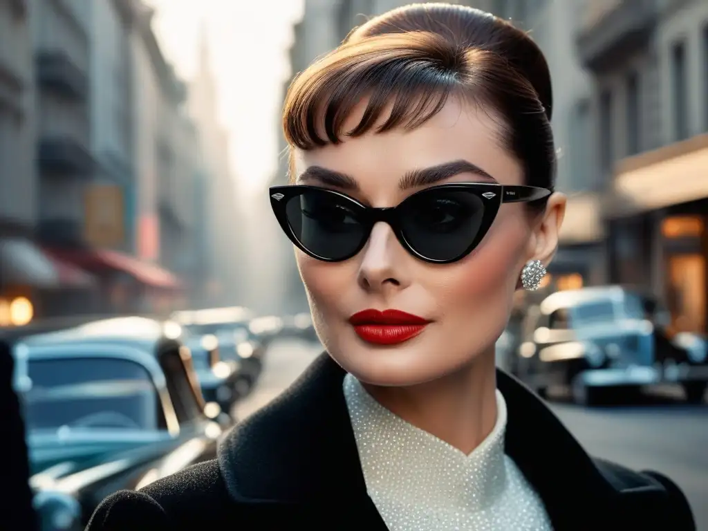 Audrey Hepburn con gafas de sol cat eye: elegancia atemporal Audrey Hepburn con monturas de gafas cateye clásicas, símbolo de estilo en la historia del glamour