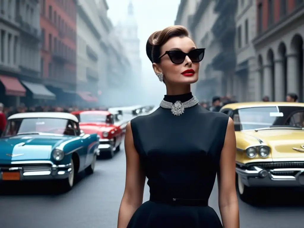 Audrey Hepburn en vestido negro Givenchy: elegancia atemporal Audrey Hepburn, musa de moda en publicidad, posa con elegancia en un vestido negro clásico de Givenchy y lentes de sol
