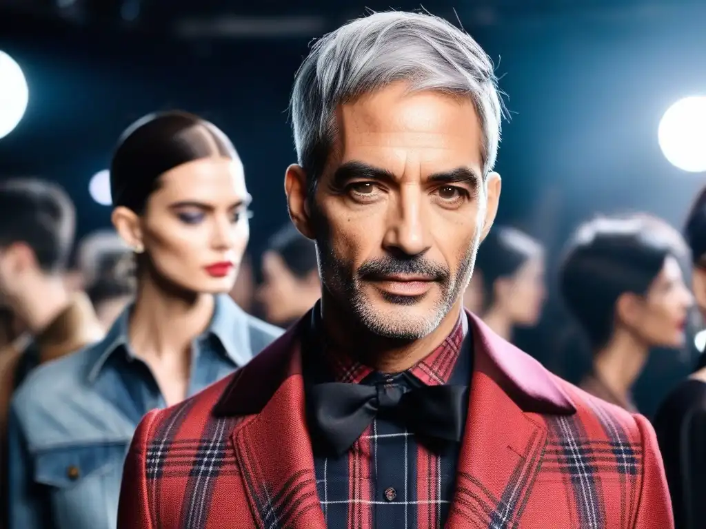 Marc Jacobs en el backstage de la colección grunge: moda controvertida Marc Jacobs en backstage ajustando la camisa de un modelo, impacto colección Marc Jacobs grunge