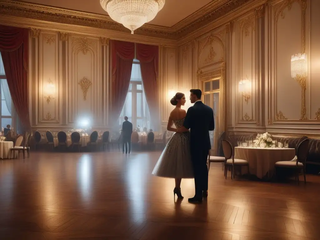 Salón de baile vintage: evolución de la moda en elegantes galas Bailes y galas inspiración moda retro: Salón de baile lleno de elegancia y moda vintage, con asistentes de diferentes épocas