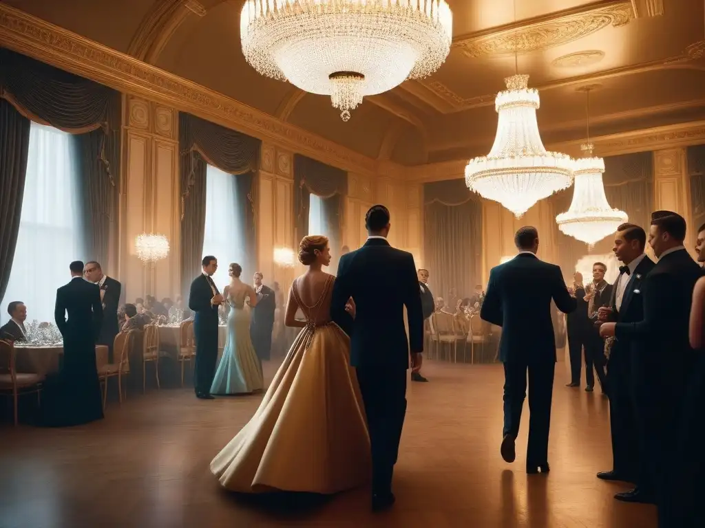 Baile de salón glamoroso de los años 50 Bailes y galas inspiración moda retro: Escena glamorosa de un salón de baile de los años 50 con elegantes personas bailando bajo un candelabro