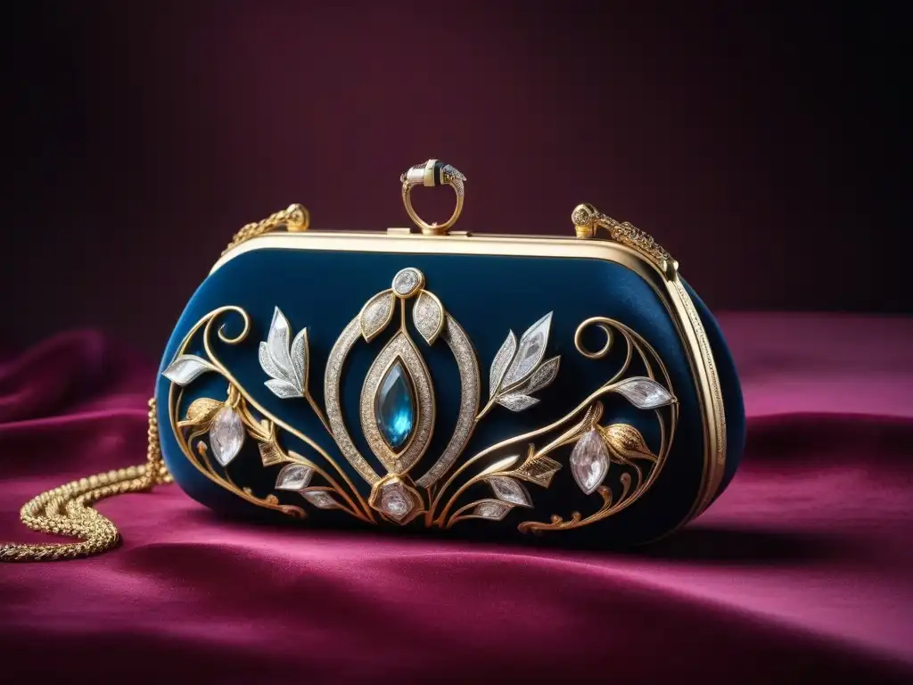 Clutch vintage 1930s con detalles Art Deco y gemas Bolso retro años 30 con motivos Art Deco y gemas, sobre terciopelo, evocando lujo y elegancia vintage