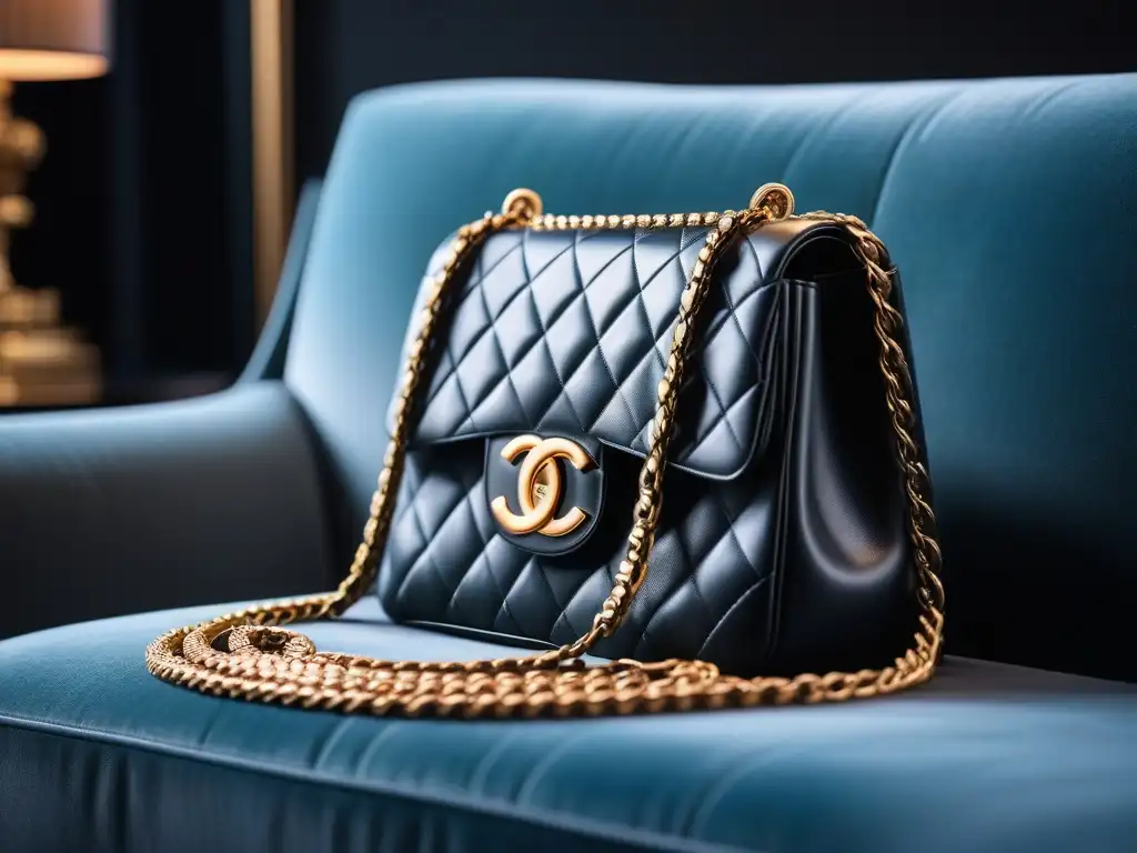 Chanel vintage: bolsa icónica en terciopelo Bolso Chanel vintage en cojín de terciopelo, iluminación suave y elegante