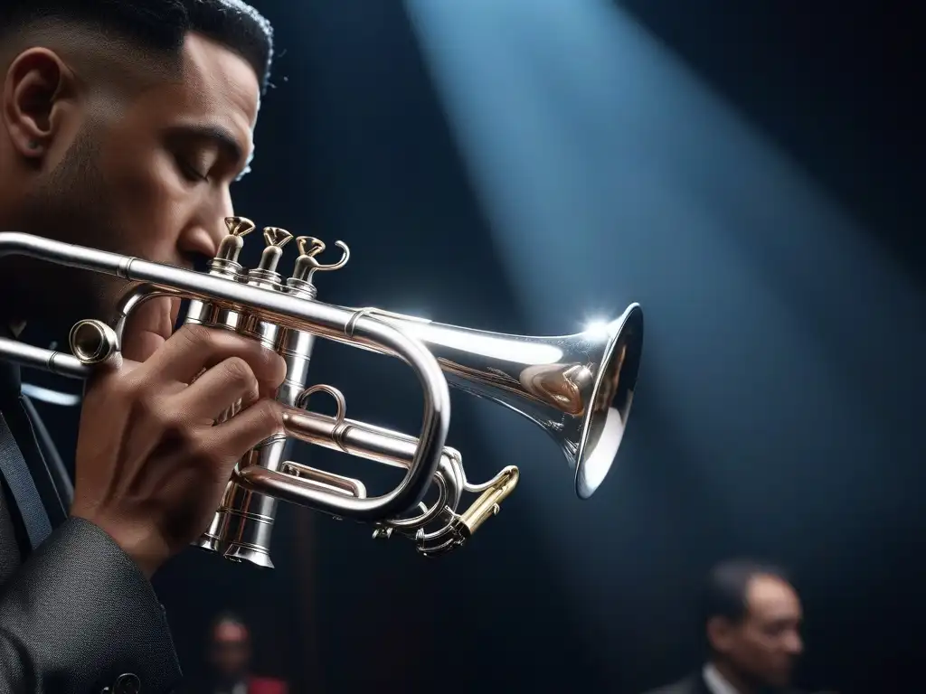 Boquillas largas accesorio retro: Trompeta plateada detallada en escenario oscuro, evocando elegancia y sofisticación jazzera