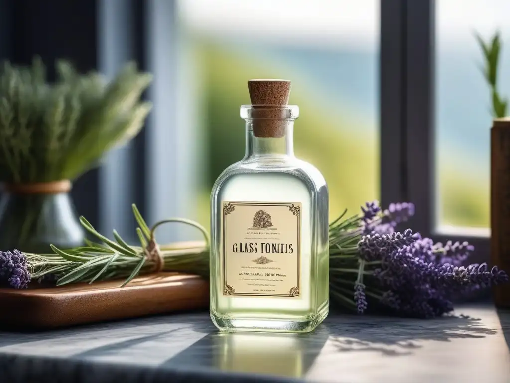 Botella de tónico facial vintage junto a ingredientes botánicos en un elegante entorno retro