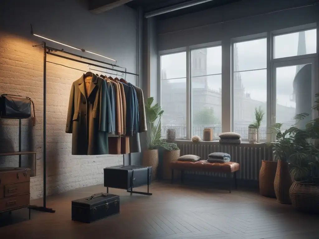 Boutique vintage con RFID: Moda y tecnología en armonía Una boutique de moda vintage con tecnología RFID para combatir falsificaciones, iluminada por la luz natural de grandes ventanas urbanas