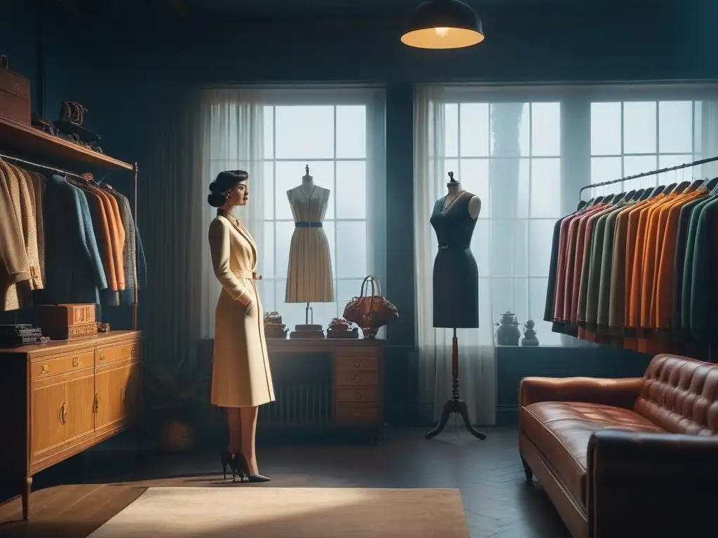 Tienda vintage con moda retro y maniquí 60s Una boutique vintage de moda contemporánea, con prendas retro ordenadas por época y un maniquí estilo años 60