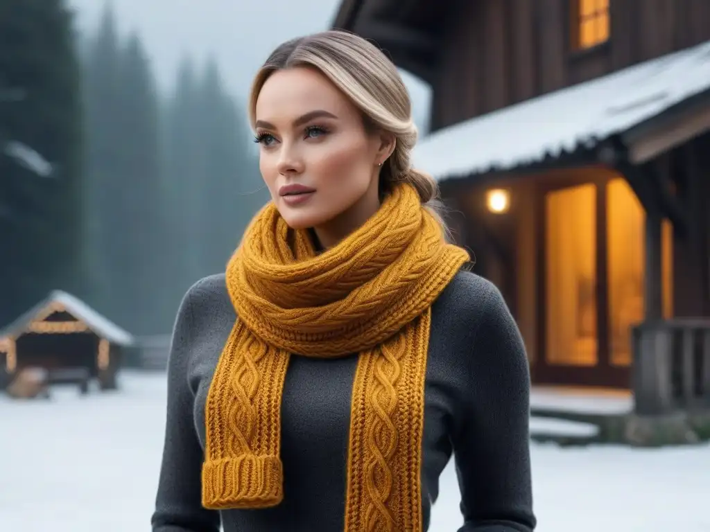 Bufanda de punto estilo retro en tonos cálidos, con patrones intrincados, sobre maniquí