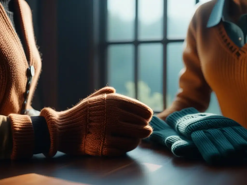 Set de bufanda y guantes vintage: detalles tejidos en tonos cálidos Bufandas y guantes retro en tonos cálidos con patrones intrincados, iluminados por la suave luz del sol