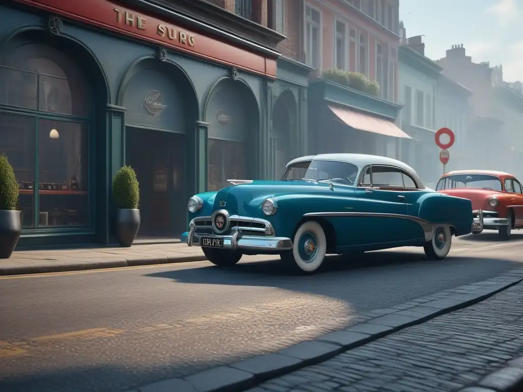 Escena urbana de los años 50 con gente elegante y lentes de sol retro Una bulliciosa calle de los años 50, con personas vestidas con estilo y gafas de sol retro años 50