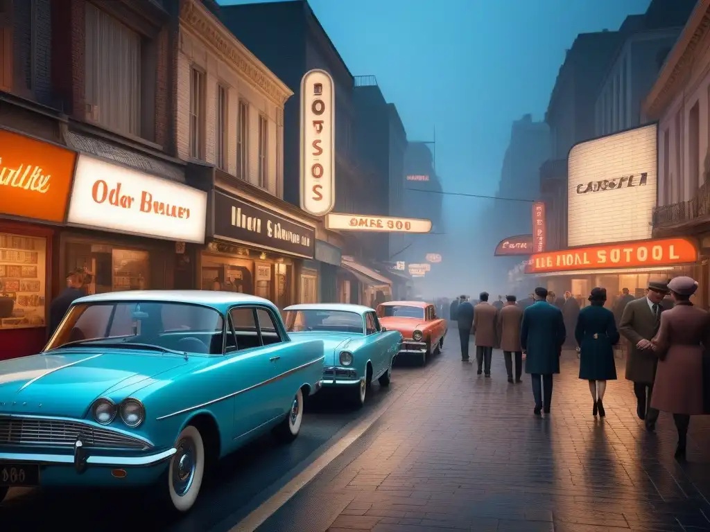 Escena urbana retro de los años 60: moda vintage y neones Una bulliciosa calle de la ciudad en los años 60 con moda retro y referencias al cine