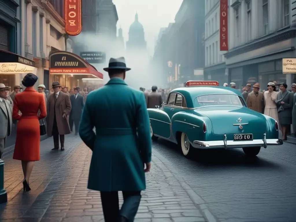 Escena urbana vintage de los años 50: moda retro y arquitectura Art Deco Una bulliciosa calle de la ciudad de los años 50, con moda retro desde principios del siglo XX