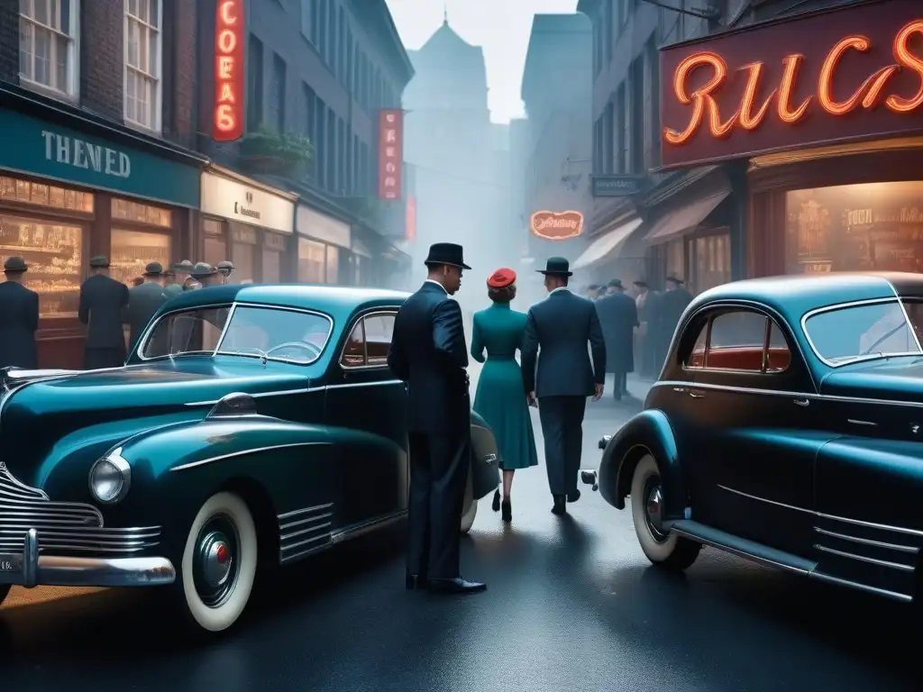 Un bullicioso callejón de ciudad en la década de 1940 con moda vintage y anuncios publicitarios, mostrando tendencias de transición