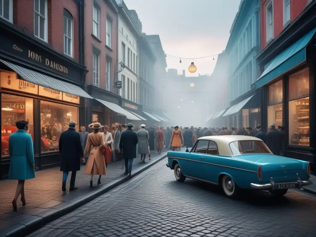 Escena urbana: moda retro y moderna en la ciudad Un bullicioso escenario urbano con moda retro desde principios siglo XX, fusionando estilos y épocas en un ambiente vibrante y diverso