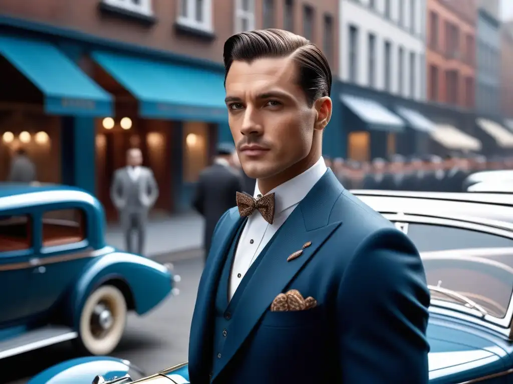 Retrato detallado de un caballero elegante de los años 20 en la ciudad Un caballero elegante de los años 20 con traje a medida y gemelos vintage, rodeado de una bulliciosa ciudad retro