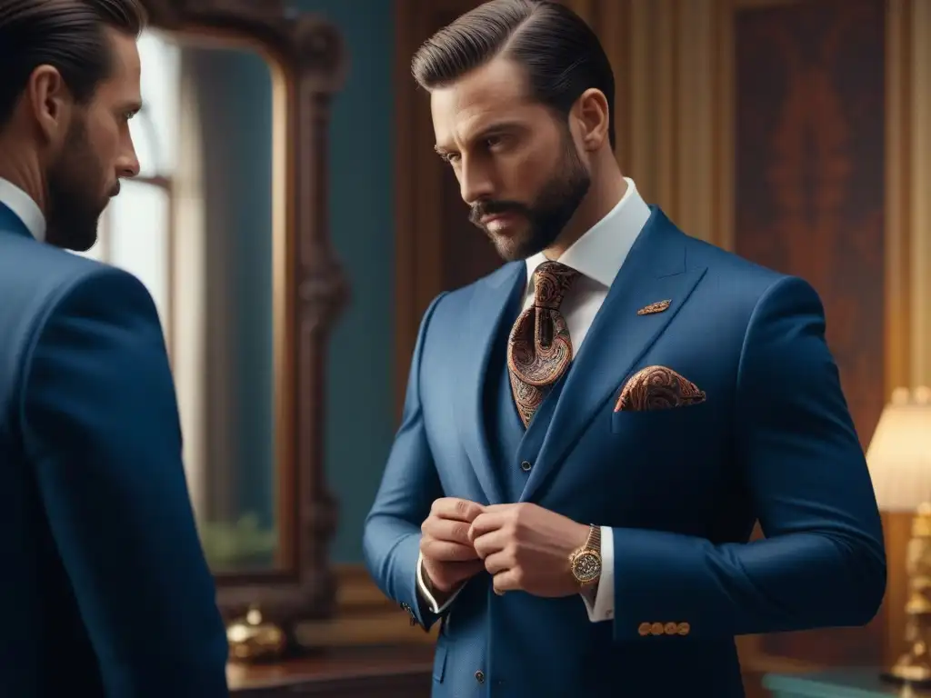 Un caballero elegante ajustando su corbata de seda vintage frente al espejo en un ambiente lujoso