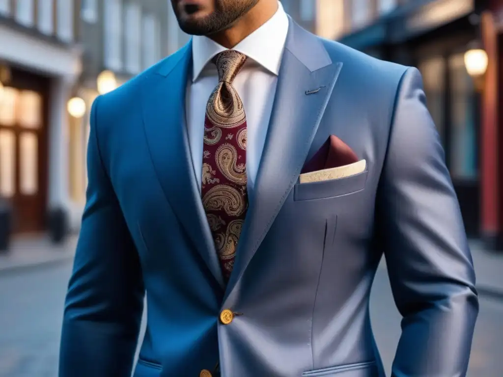 Un caballero elegante con traje moderno, corbata y pañuelo vintage