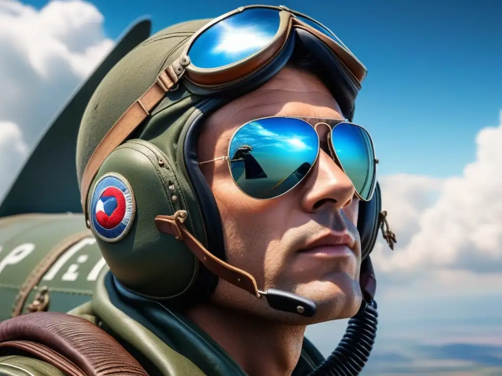 Piloto de la Segunda Guerra Mundial en Cabina de Avión En la cabina de un avión de la Segunda Guerra Mundial, un piloto con gafas de sol aviador muestra concentración y estilo