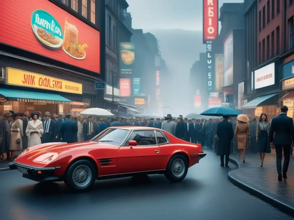 Una calle bulliciosa de la ciudad durante los años 80, con publicidad de moda vibrante en vallas publicitarias, luces de neón y tendencias retro