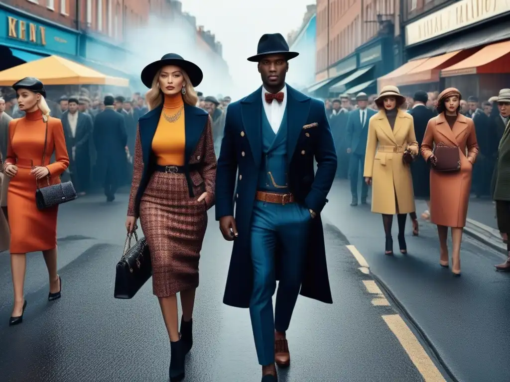 Moda retro reinventada: Calle vibrante y diversa Una calle bulliciosa con moda retro influenciada por desfiles históricos